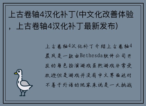 上古卷轴4汉化补丁(中文化改善体验，上古卷轴4汉化补丁最新发布)