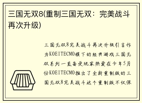 三国无双8(重制三国无双：完美战斗再次升级)